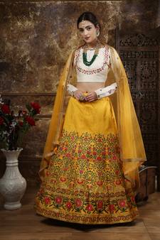 Mustard Coding, Thread, Zari & Sequins Embroidered Thai Silk Semi-stitched Lehenga Choli
