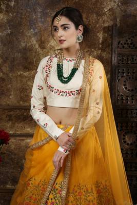 Mustard Coding, Thread, Zari & Sequins Embroidered Thai Silk Semi Stitched Lehenga Choli 2