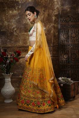 Mustard Coding, Thread, Zari & Sequins Embroidered Thai Silk Semi Stitched Lehenga Choli 3