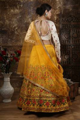 Mustard Coding, Thread, Zari & Sequins Embroidered Thai Silk Semi Stitched Lehenga Choli 4