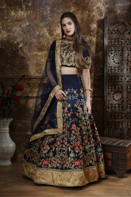 Navy Blue Coding, Thread, Zari & Sequins Embroidered Thai Silk Semi-stitched Lehenga Choli  1