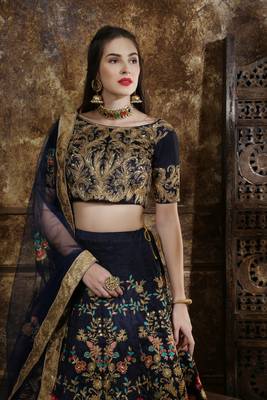 Navy Blue Coding, Thread, Zari & Sequins Embroidered Thai Silk Semi-stitched Lehenga Choli  2