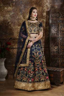 Navy Blue Coding, Thread, Zari & Sequins Embroidered Thai Silk Semi-stitched Lehenga Choli  3
