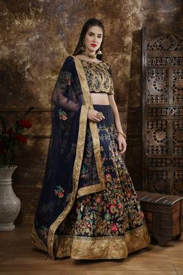 Navy Blue Coding, Thread, Zari & Sequins Embroidered Thai Silk Semi-stitched Lehenga Choli  4