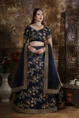 Navy Blue Coding, Thread, Zari & Sequins Embroidered Phantom Silk Semi-stitched Lehenga Choli 1
