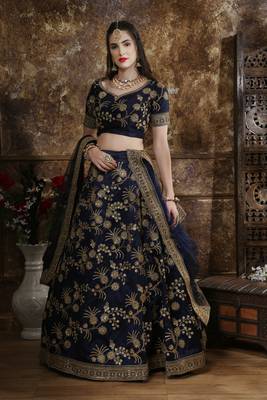 Navy Blue Coding, Thread, Zari & Sequins Embroidered Phantom Silk Semi-stitched Lehenga Choli 2