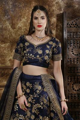 Navy Blue Coding, Thread, Zari & Sequins Embroidered Phantom Silk Semi-stitched Lehenga Choli 3
