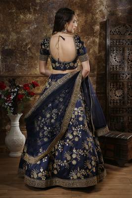 Navy Blue Coding, Thread, Zari & Sequins Embroidered Phantom Silk Semi-stitched Lehenga Choli 4