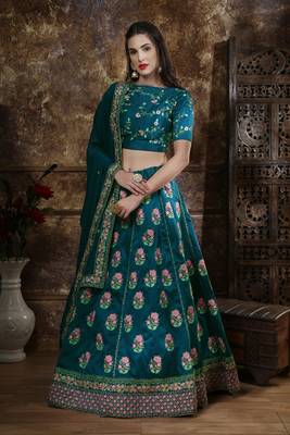 Dark Green Zari & Thread Embroidered Thai Silk Semi-Stitched Lehenga Choli 1