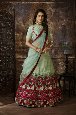 Light Green Zari& Thread Embroidered Thai Silk Semi-Stitched Lehenga Choli 1