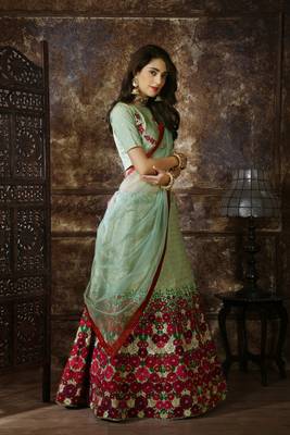 Light Green Zari& Thread Embroidered Thai Silk Semi-Stitched Lehenga Choli 3