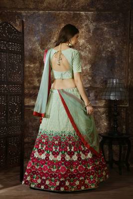 Light Green Zari& Thread Embroidered Thai Silk Semi-Stitched Lehenga Choli 4