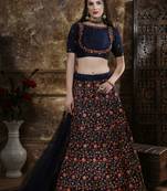 Navy Blue Zari, Thread & Sequins Embroidered Thai Silk Semi-Stitched Lehenga Choli