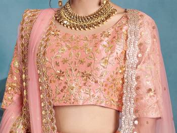 SPARKLING Peach Sequins Embroidered Art Silk Semi Stitched lehenga with double dupatta 4