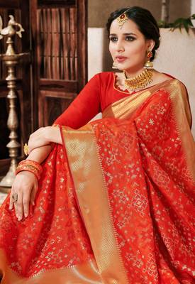 Orange woven silk saree with blouse 2