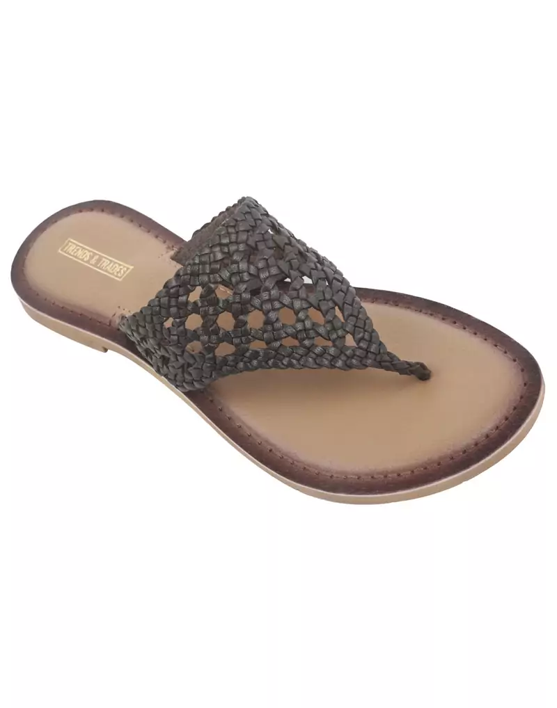 Trends & Trades Womens Hand-Woven Genuine Tan & Gold Leather Flats