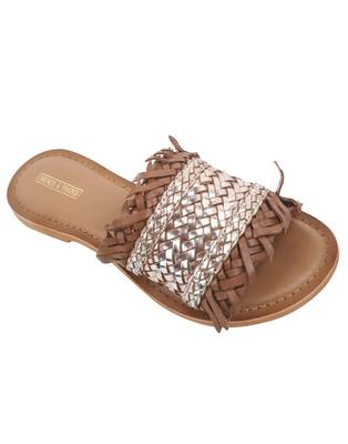 Trends & Trades Womens Hand-Woven Genuine Tan & Gold Leather Flats 1