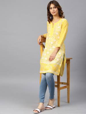 Lemon hand woven cotton chikankari-kurtis 1