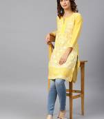 Lemon hand woven cotton chikankari-kurtis