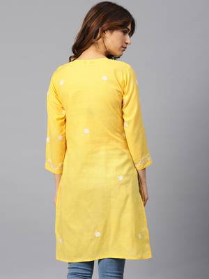 Lemon hand woven cotton chikankari-kurtis 2