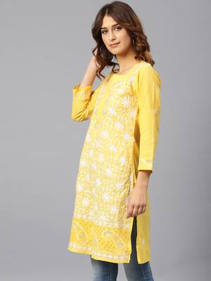 Lemon hand woven cotton chikankari-kurtis 3