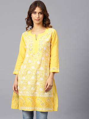 Lemon hand woven cotton chikankari-kurtis 4
