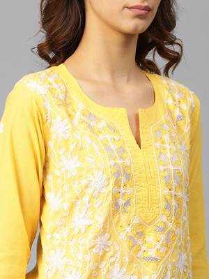 Lemon hand woven cotton chikankari-kurtis 5