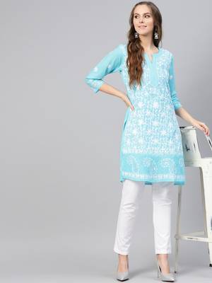 Sky-blue hand woven cotton chikankari-kurtis 1