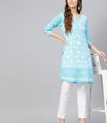 Sky-blue hand woven cotton chikankari-kurtis
