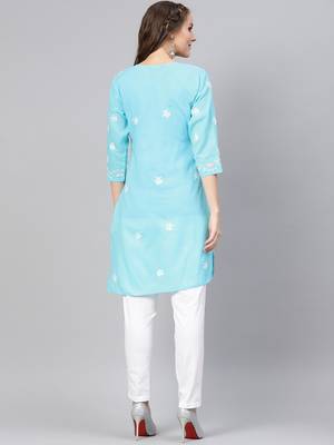 Sky-blue hand woven cotton chikankari-kurtis 2