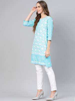 Sky-blue hand woven cotton chikankari-kurtis 3