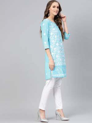 Sky-blue hand woven cotton chikankari-kurtis 4