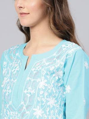 Sky-blue hand woven cotton chikankari-kurtis 5