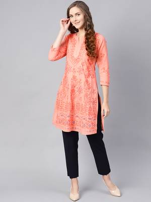 Peach hand woven cotton chikankari-kurtis 3