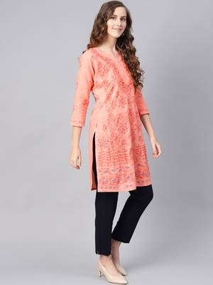 Peach hand woven cotton chikankari-kurtis 4
