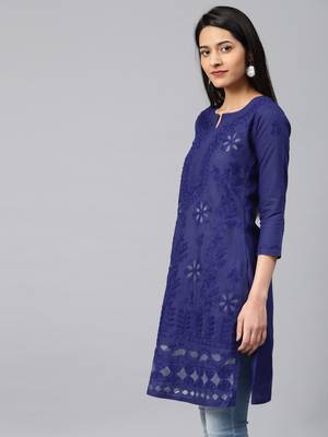 Navy-blue hand woven cotton chikankari-kurtis 3