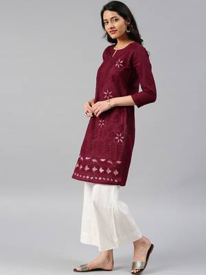 Maroon hand woven cotton chikankari-kurtis 3