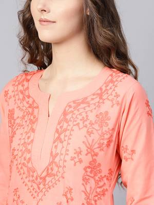 Peach hand woven cotton chikankari-kurtis 5
