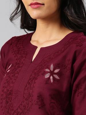 Maroon hand woven cotton chikankari-kurtis 4