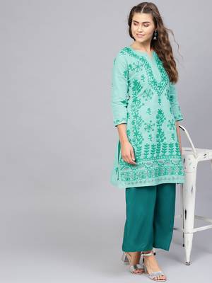 Sea-green hand woven cotton chikankari-kurtis 1