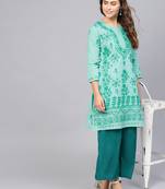 Sea-green hand woven cotton chikankari-kurtis