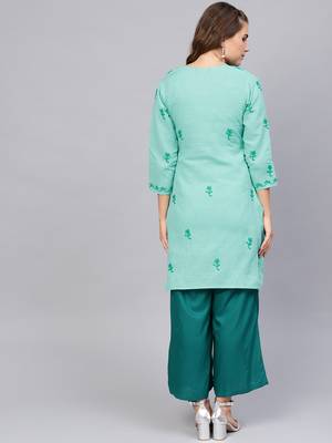 Sea-green hand woven cotton chikankari-kurtis 2