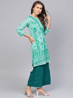Sea-green hand woven cotton chikankari-kurtis 3