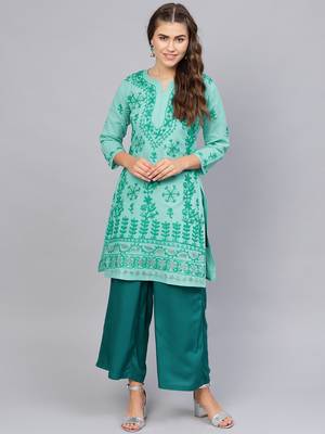 Sea-green hand woven cotton chikankari-kurtis 4