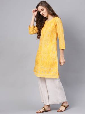 Yellow hand woven cotton chikankari-kurtis 3