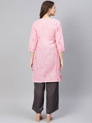 Baby-pink hand woven cotton chikankari-kurtis 2