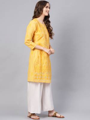 Yellow hand woven cotton chikankari-kurtis 4