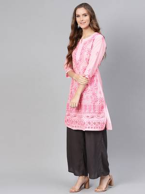 Baby-pink hand woven cotton chikankari-kurtis 3