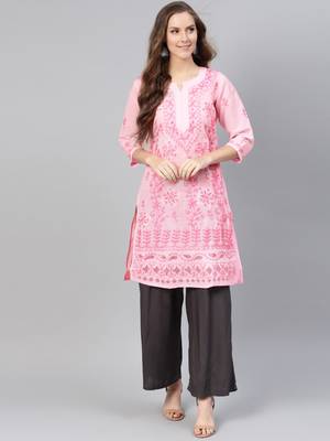 Baby-pink hand woven cotton chikankari-kurtis 4