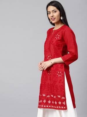 Red hand woven cotton chikankari-kurtis 3